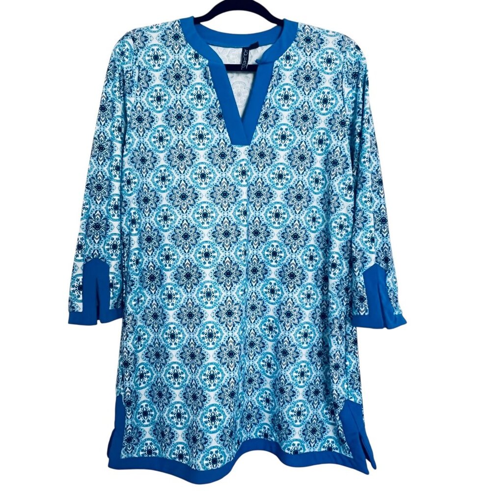 Aqua Et Sol Swim Cover Up Womens Sz M Blue Tile Print Beach Summer Preppy